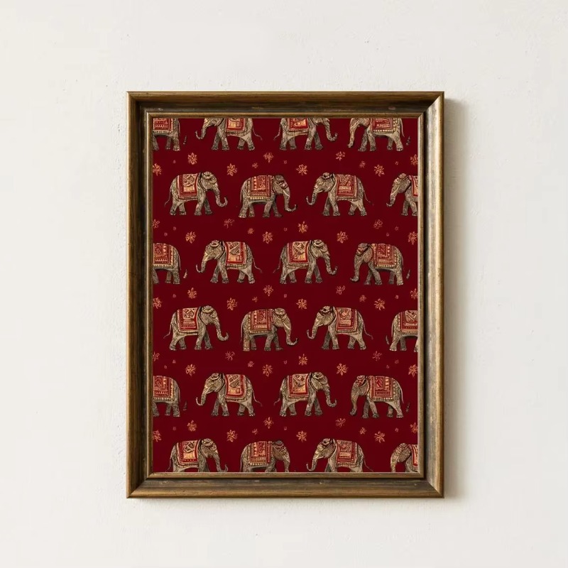 Interior Design Poster - Indian Elephant Pattern Print, Red Textile