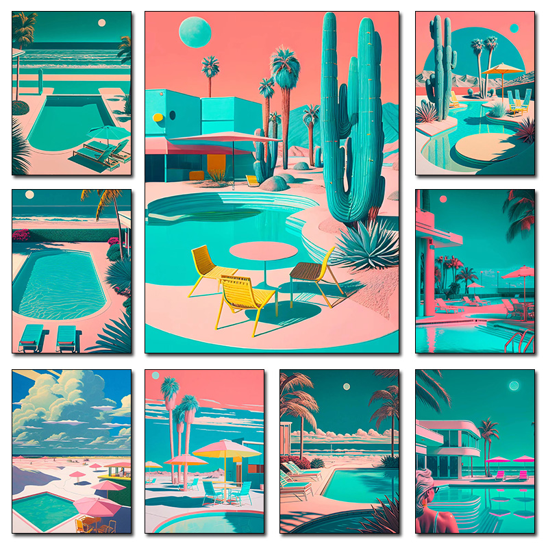 Interior Design Poster - Retro Futuristic Beachside Palm Trees Desert