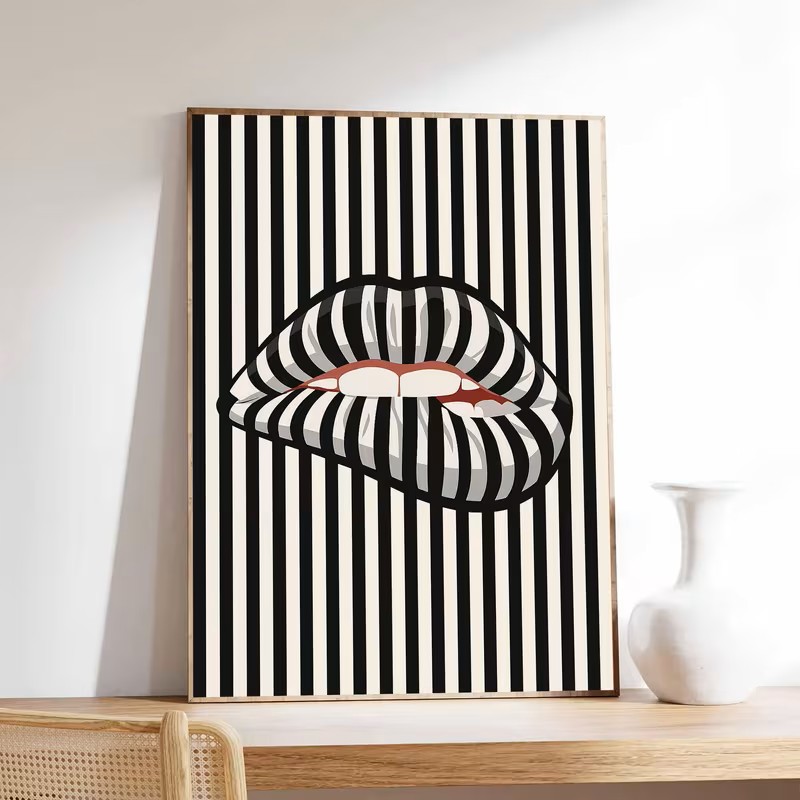 Interior Design Poster - Simple and Abstract Striped Lip-shaped Canvas